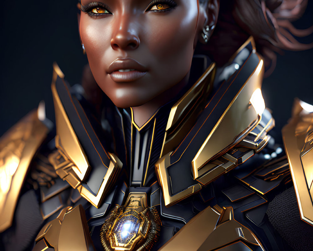 3D Rendered Image: Woman in Futuristic Black & Gold Armor