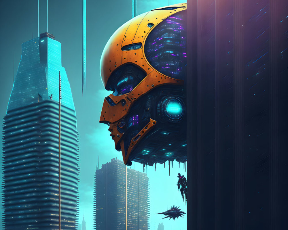 Giant futuristic robot head beside skyscrapers at twilight with flying vehicles.