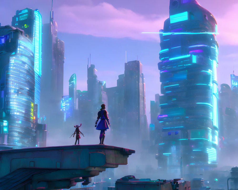 Two people on rooftop gaze at neon-lit futuristic cityscape.