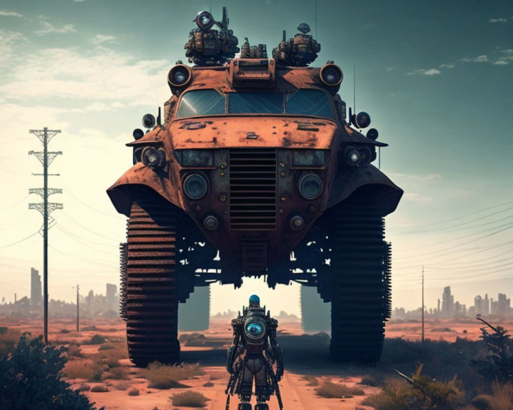 Futuristic robot on deserted road with rusted vehicle in dystopian landscape
