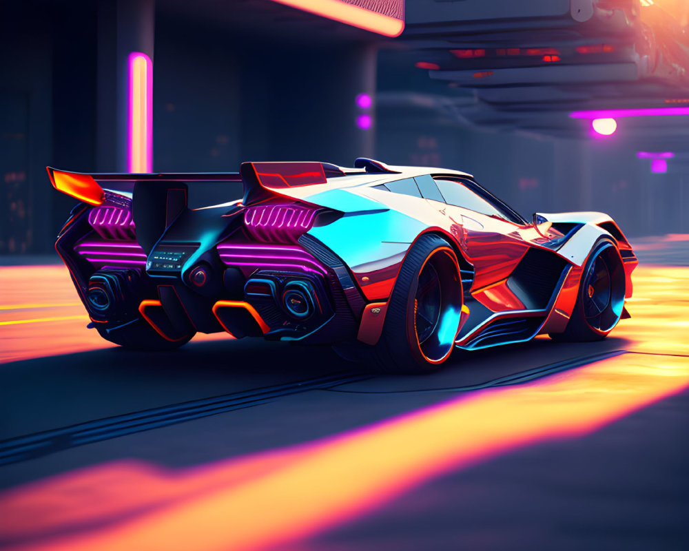 Futuristic car with neon accents on glowing city street