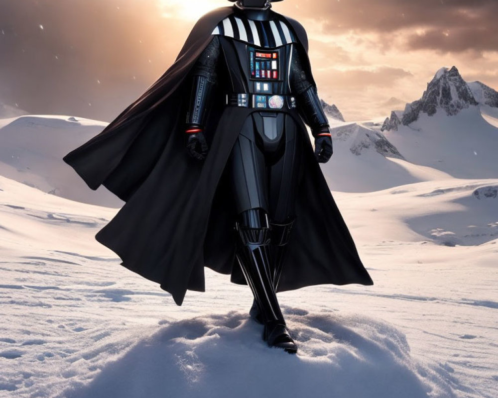 Majestic mountain backdrop with figure in black cape on snowy terrain