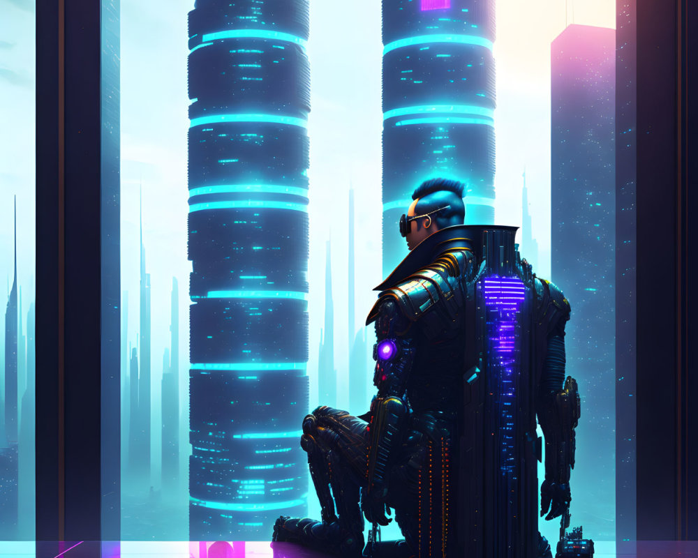 Futuristic cyberpunk scene with armored figure and glowing skyscrapers