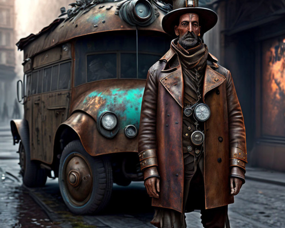 Steampunk-inspired man in top hat and goggles by old-fashioned bus on foggy street