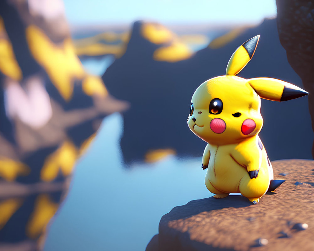 Yellow Pikachu 3D rendering on rocky cliff with water view