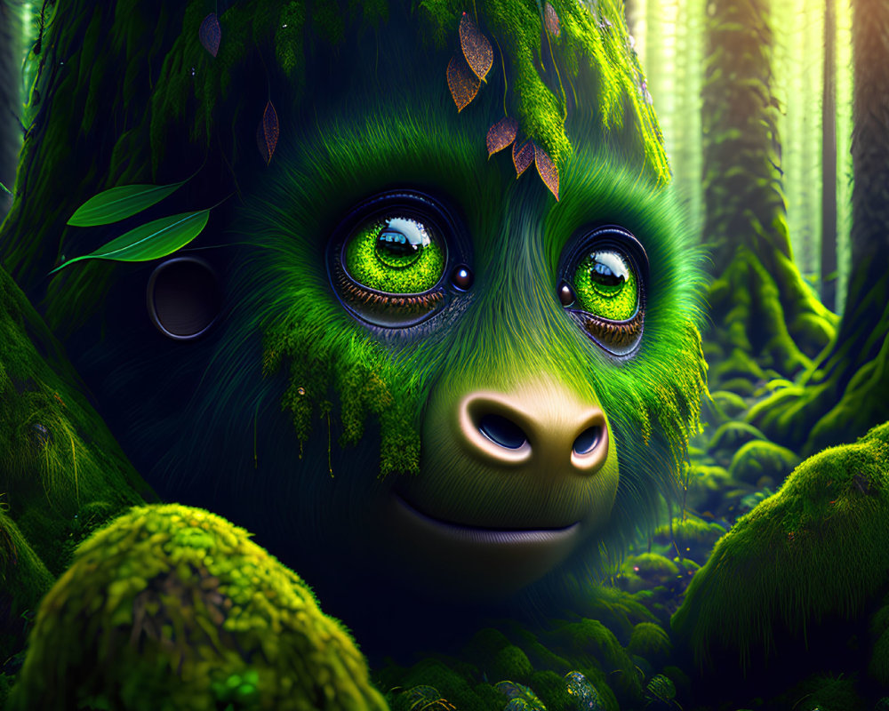 Colorful whimsical creature in lush green forest with expressive eyes.