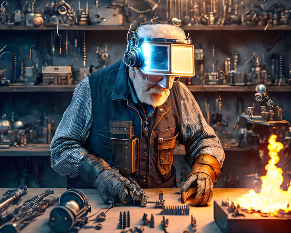 Elderly craftsman in cluttered workshop with metal pieces