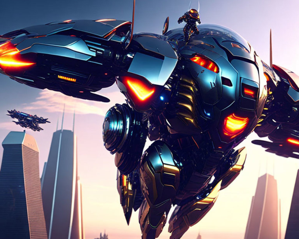 Armored pilot on futuristic jetbike above cityscape at sunset