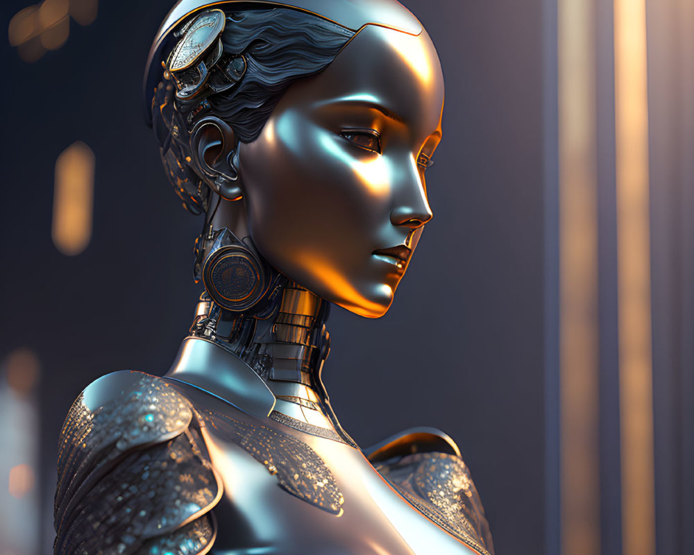 Detailed 3D-rendered female robot with metallic skin on warm background