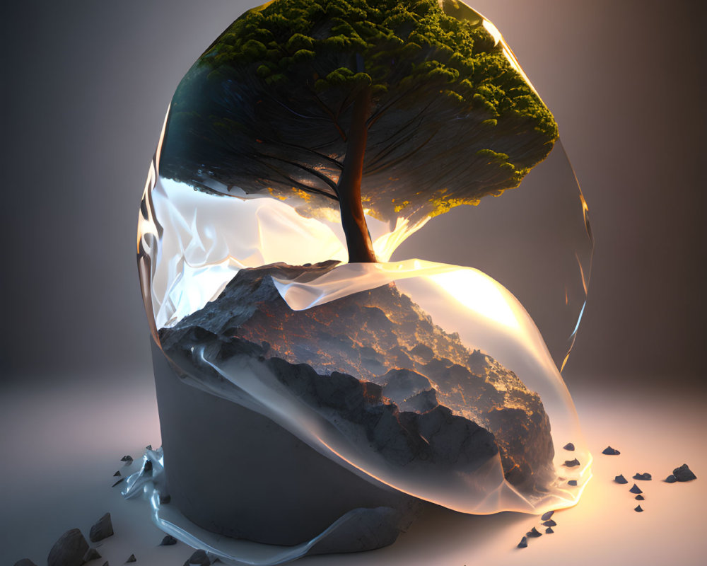 Green foliage tree in broken transparent sphere on rocky terrain