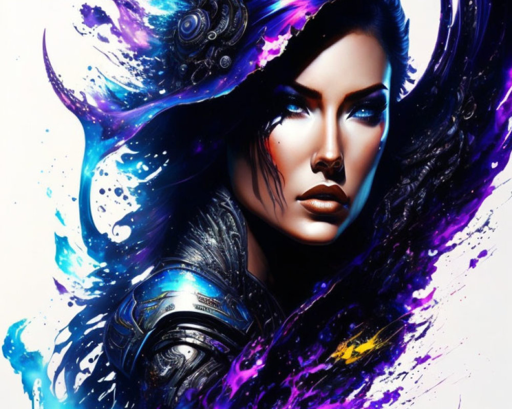 Vibrant blue and purple hues blend in cosmic-themed artwork with intricate metallic armor