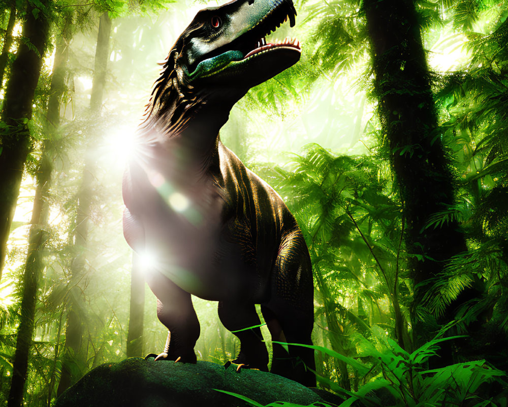 Tyrannosaurus rex on rock in sunlit forest