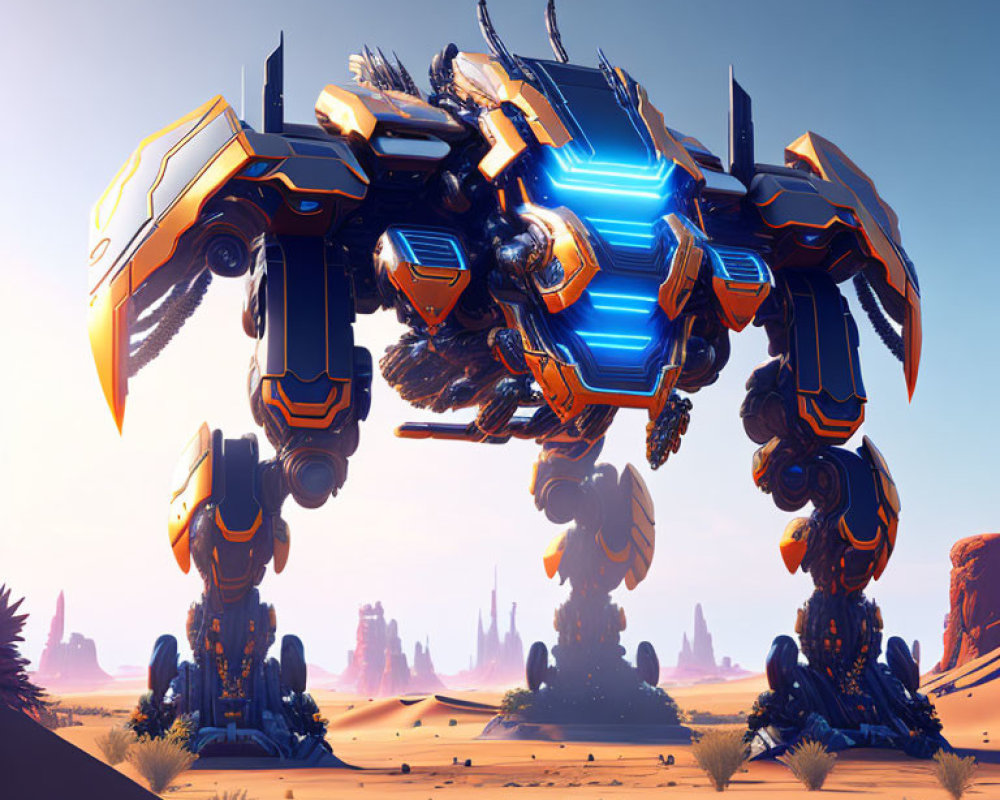 Blue and Orange Futuristic Mech Suit in Desert Landscape