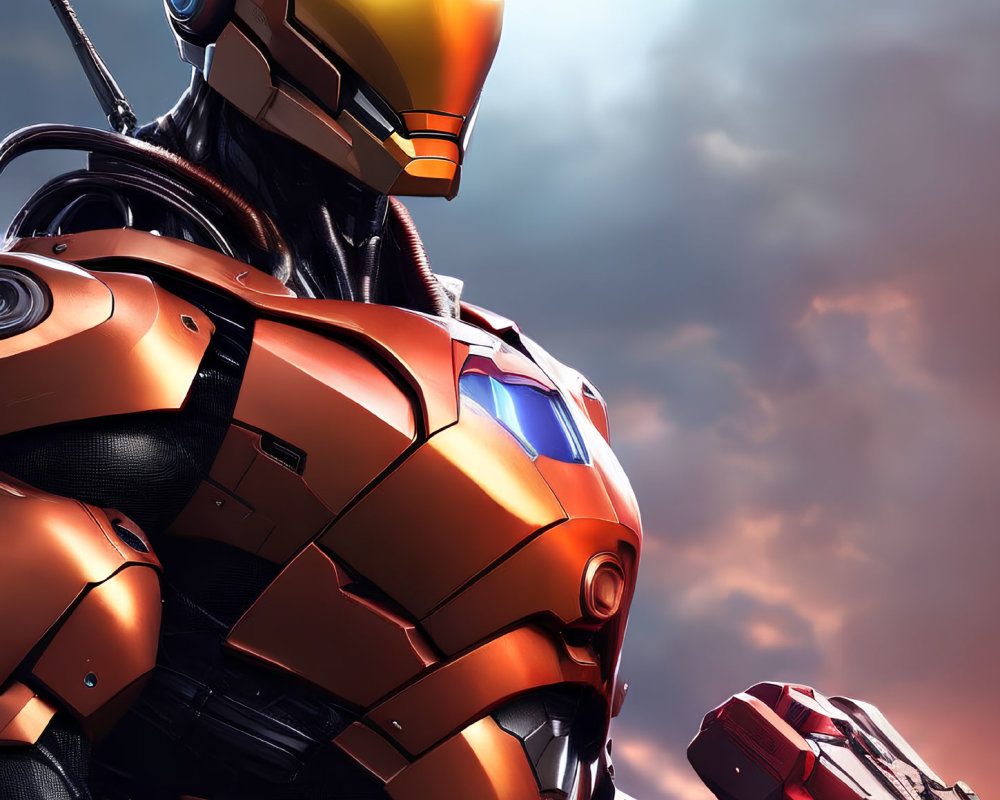 Armored robotic suit with golden and red helmet under cloudy sky