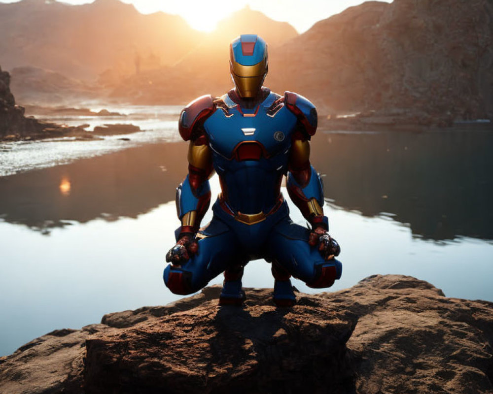 Iron Man suit crouching on rock with mountains, water, and setting sun.