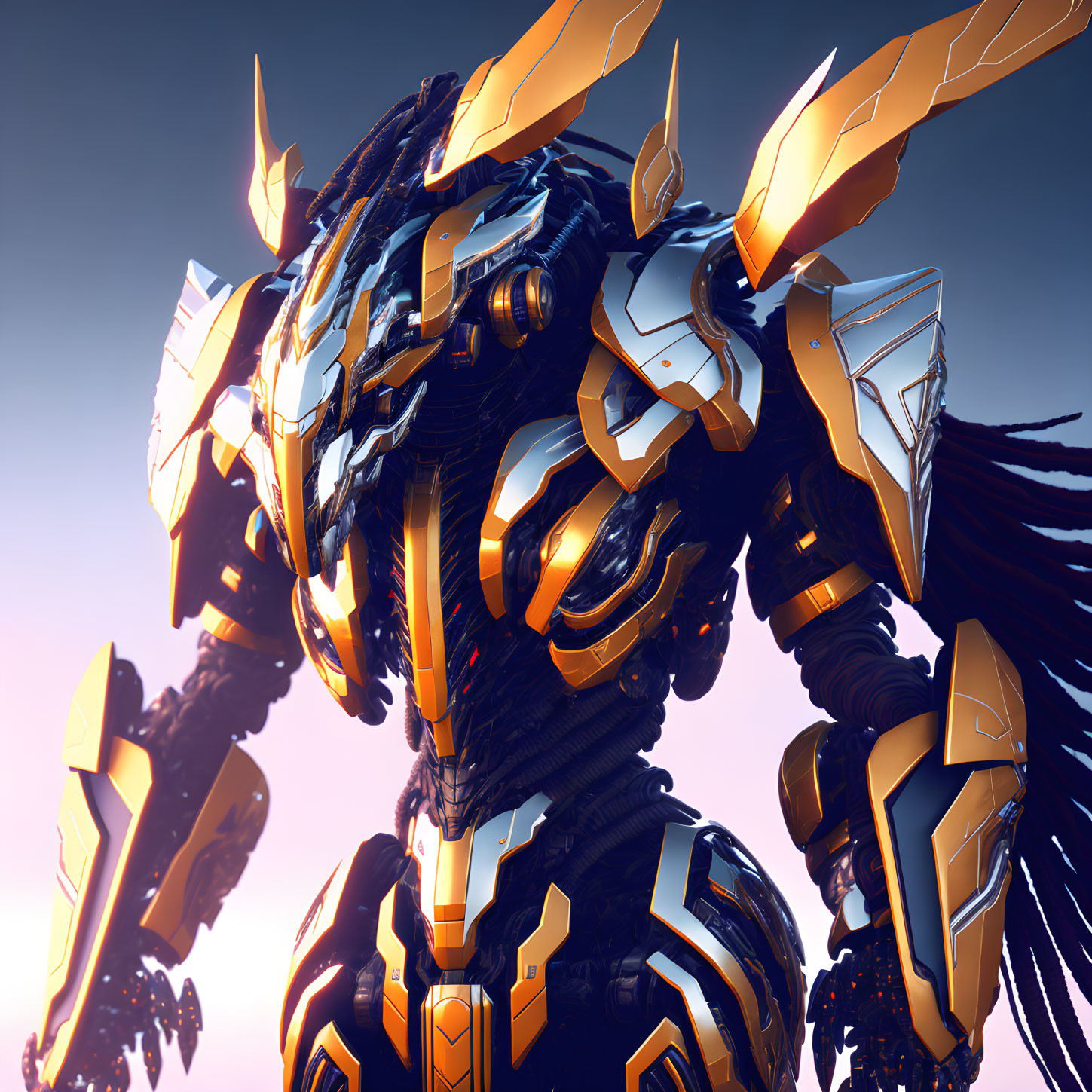 Armored robot with lion's mane in gold and blue on soft-focus backdrop