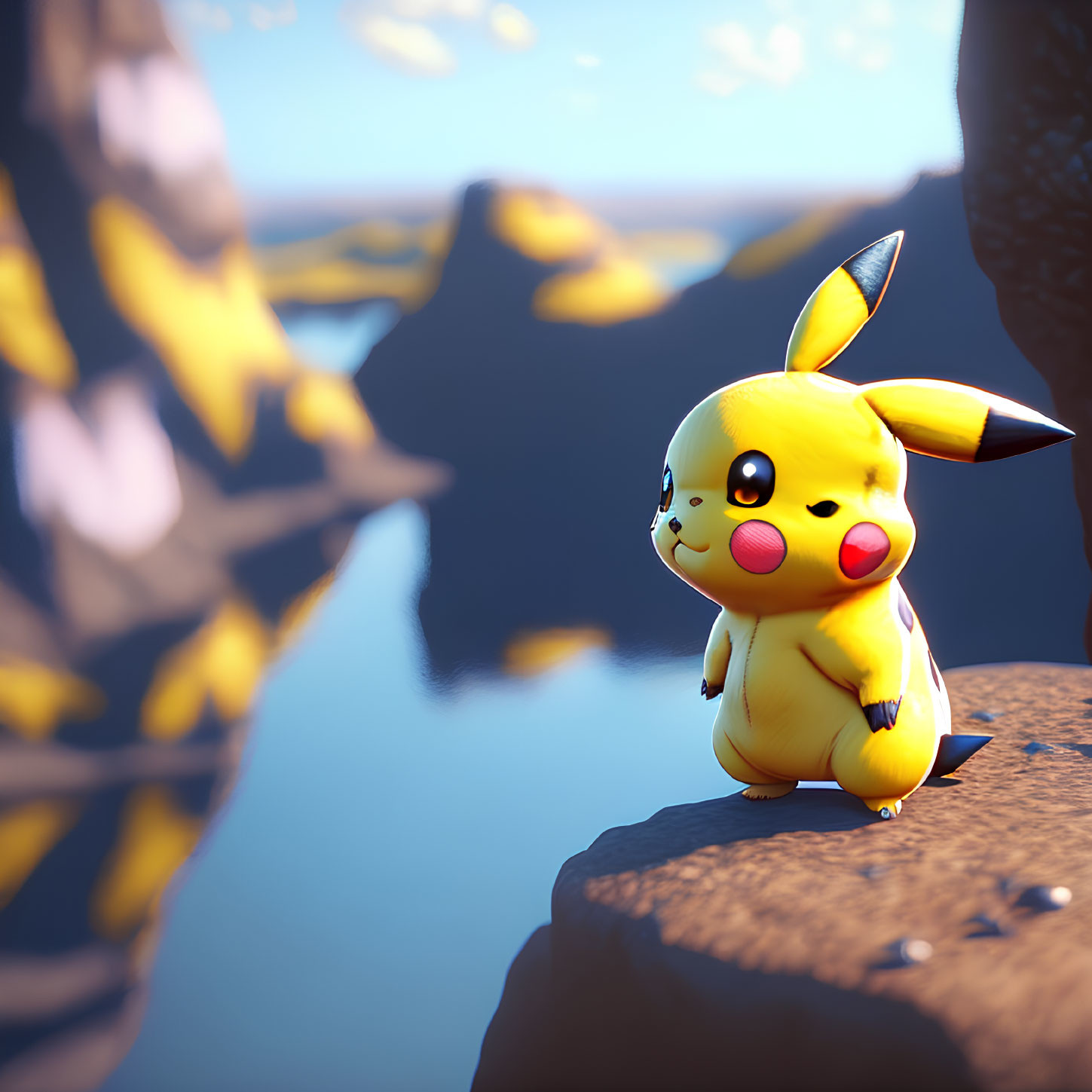 Yellow Pikachu 3D rendering on rocky cliff with water view