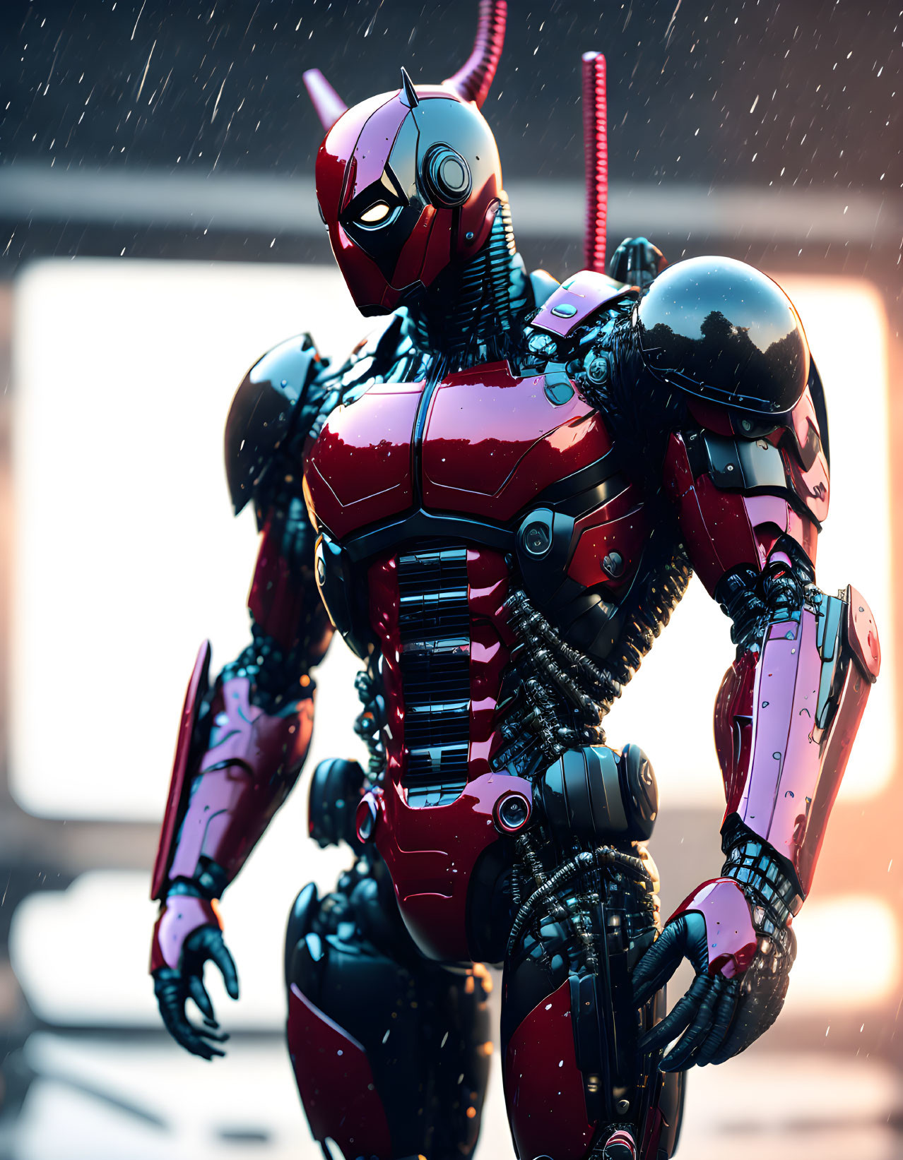 Detailed futuristic red robot with black accents on blurred rainy background