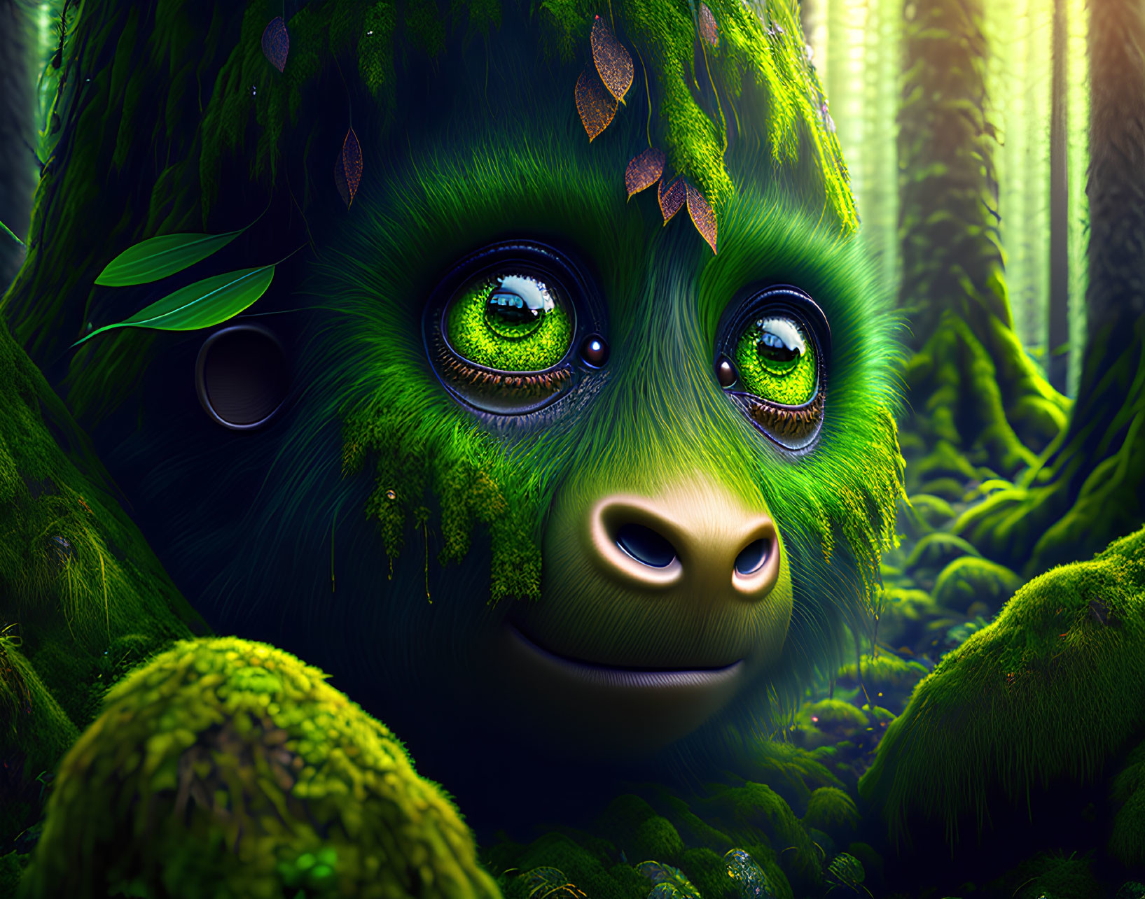 Colorful whimsical creature in lush green forest with expressive eyes.