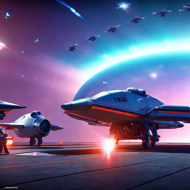 Futuristic spaceships land on platform amid space battle and glowing planet.