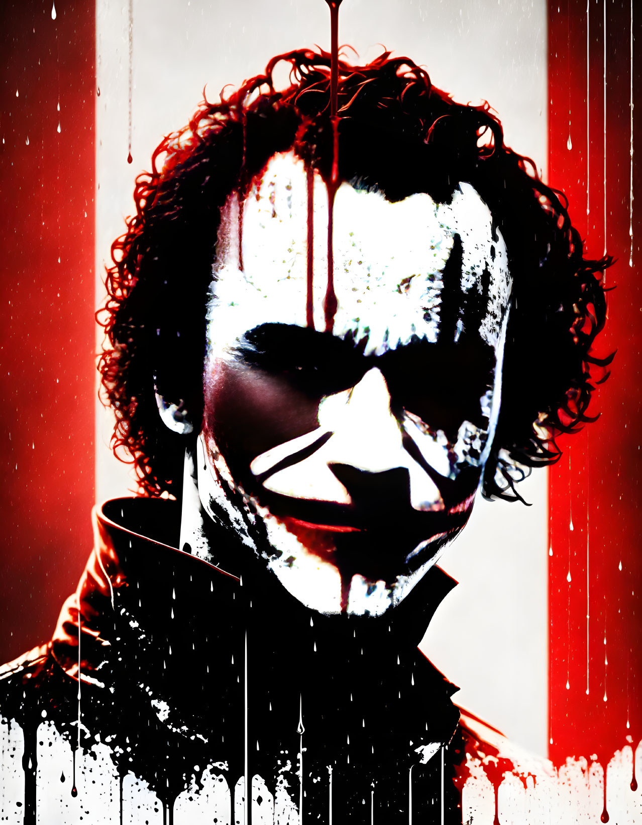 High-contrast image of person with clown-like face paint in red and white.