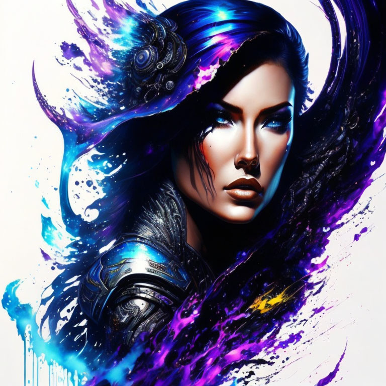 Vibrant blue and purple hues blend in cosmic-themed artwork with intricate metallic armor