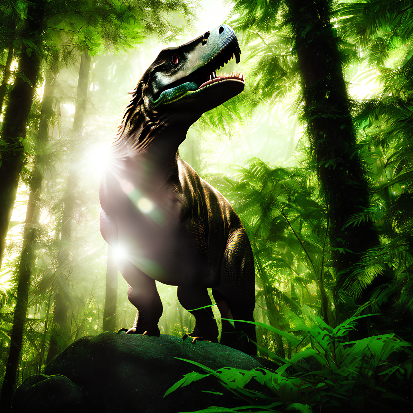 Tyrannosaurus rex on rock in sunlit forest