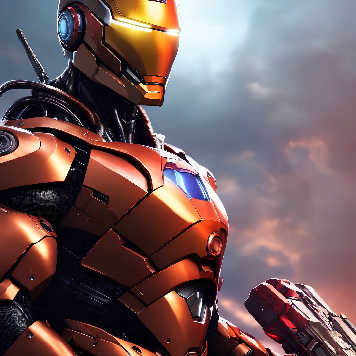 Armored robotic suit with golden and red helmet under cloudy sky