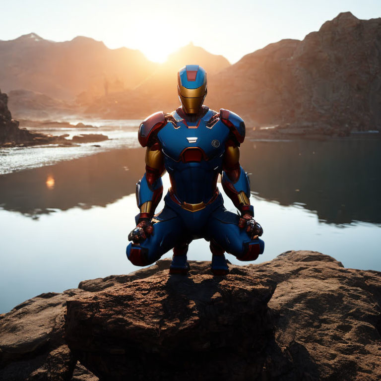 Iron Man suit crouching on rock with mountains, water, and setting sun.