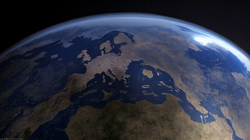 Aerial View of Europe and Surrounding Seas at High Altitude