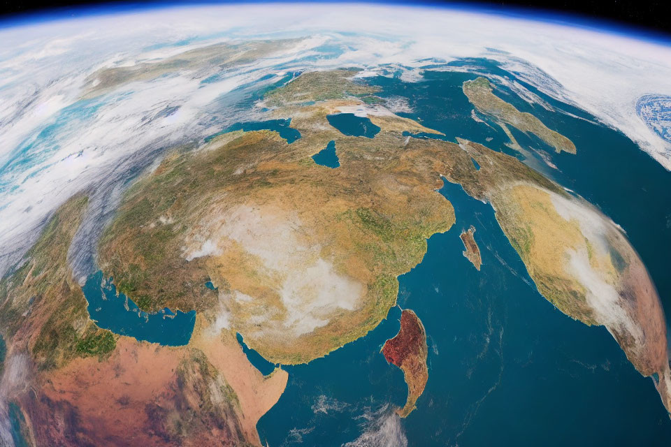 Earth from space with fisheye lens showing Australia and curved horizon