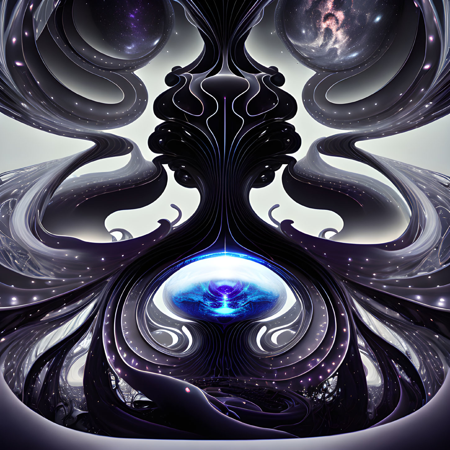 Surreal digital artwork: Fluid, symmetrical forms in purple with cosmic elements