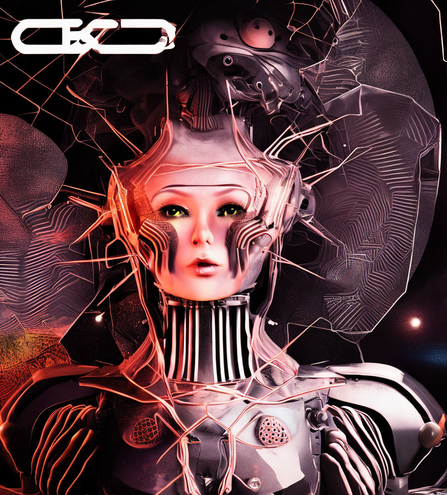 Detailed Female Android Artwork with Circuitry and Futuristic Background