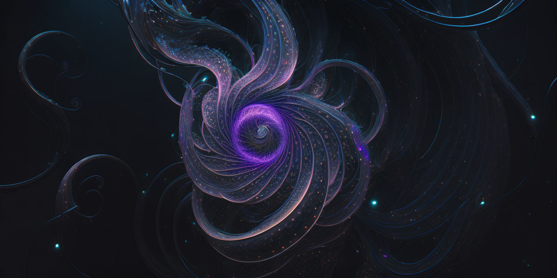 Abstract digital art: Swirling blue and purple vortex with luminous accents on dark background