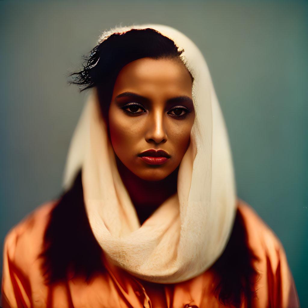 Dark-eyed woman in cream headscarf and orange garment on teal backdrop