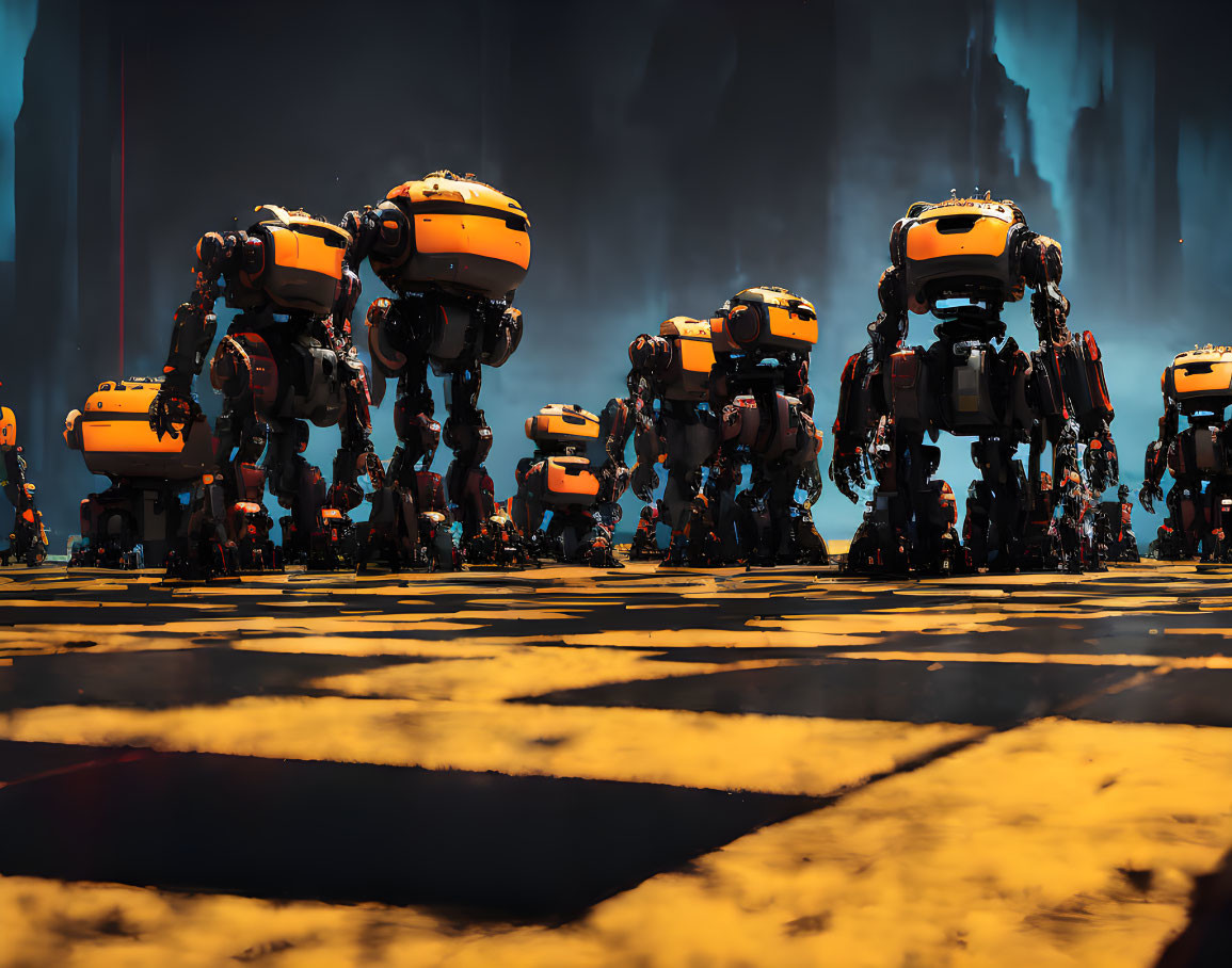 Robotic walkers in formation on metallic surface with blue and orange backdrop