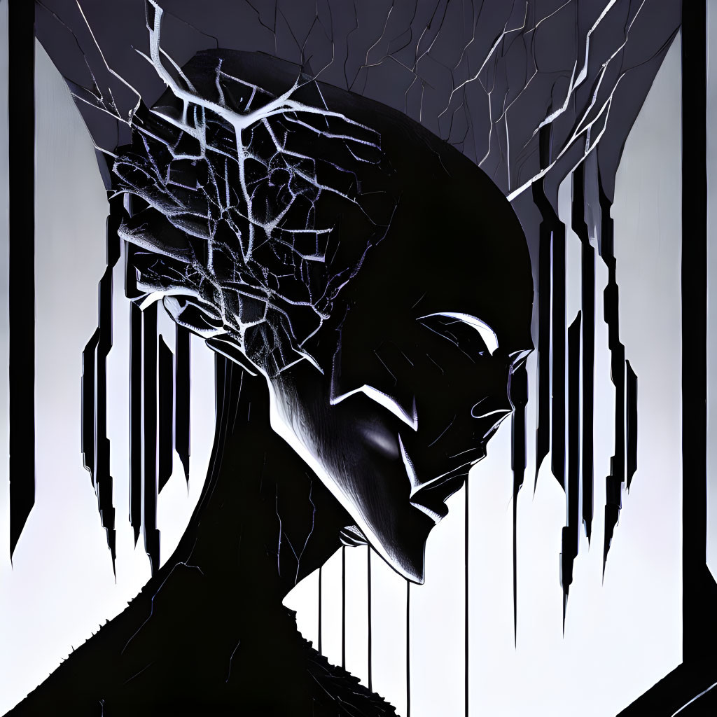 Stylized digital artwork of humanoid figure with fractured, glossy surface and branching cracks on striped background