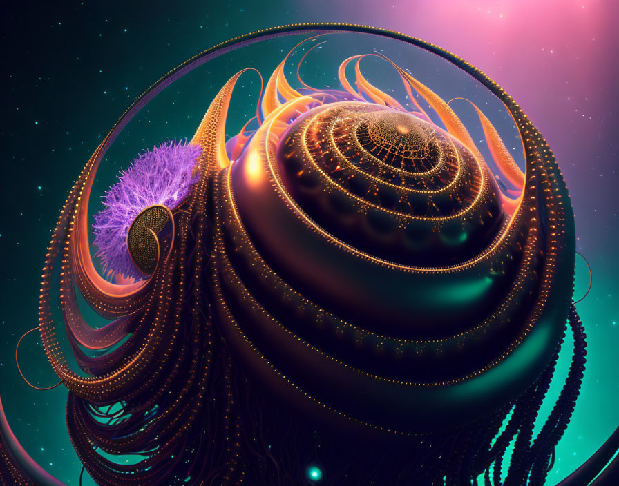 Abstract digital artwork: Spiraling structure with orange accents on teal and pink backdrop