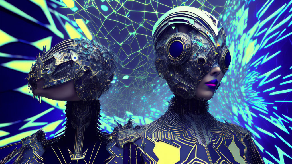 Futuristic humanoid figures with cybernetic headgear in neon-lit setting