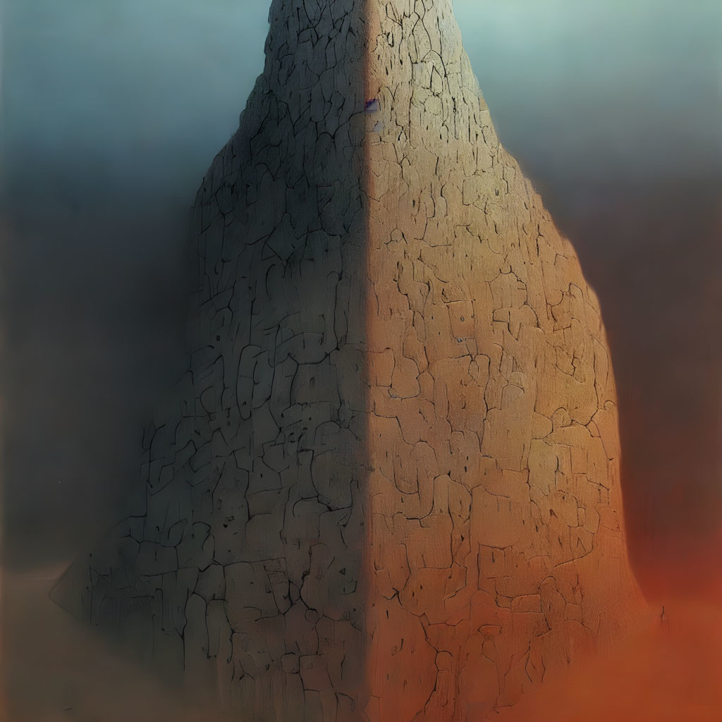 Cracked cone-shaped structure in foggy ambiance