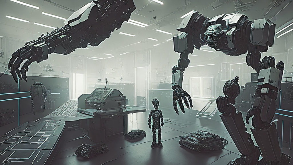 Futuristic lab with person and robotic arms surrounded by high-tech equipment