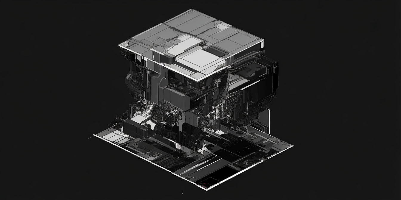 Detailed 3D futuristic cube structure in monochrome.