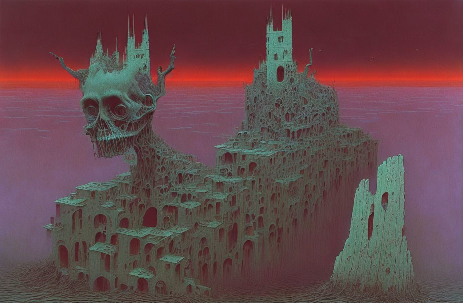 Surreal landscape with skeletal towers under red sky