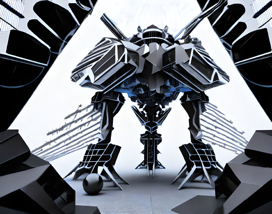 Futuristic robotic warrior in abstract geometric hall