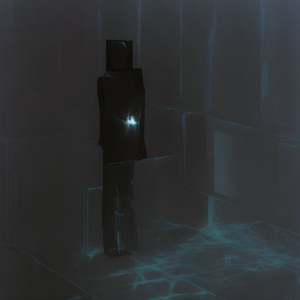 Abstract humanoid figure with glowing heart in dimly lit space