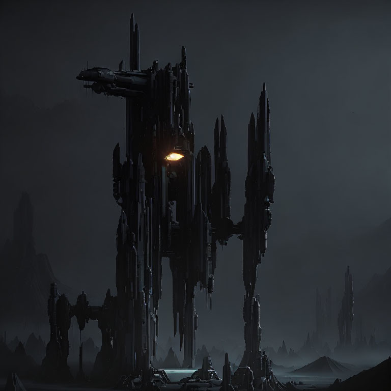 Dark Sci-Fi Landscape with Towering Spire-Like Structures and Hovering Spacecraft