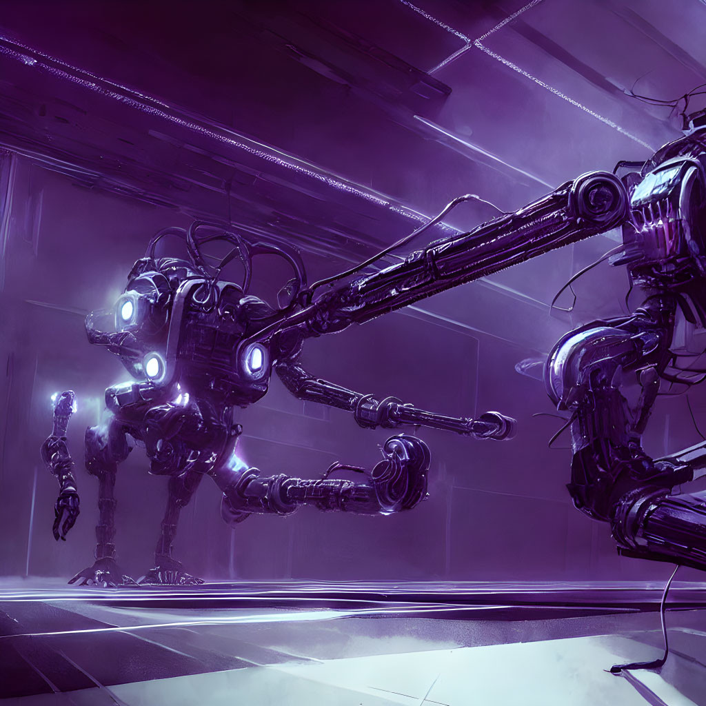 Futuristic robot with multiple limbs and glowing blue eyes in high-tech corridor