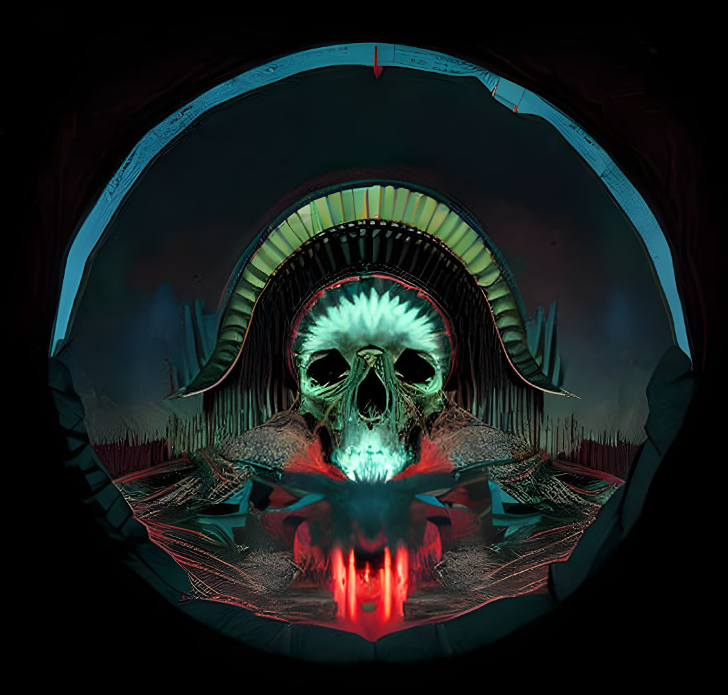 Surreal glowing skull with antlers in circular frame on dark, moody background