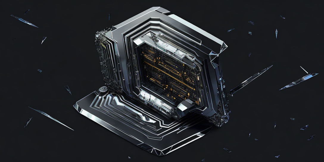 Metallic Cube with Glowing Golden Core in Dark Space