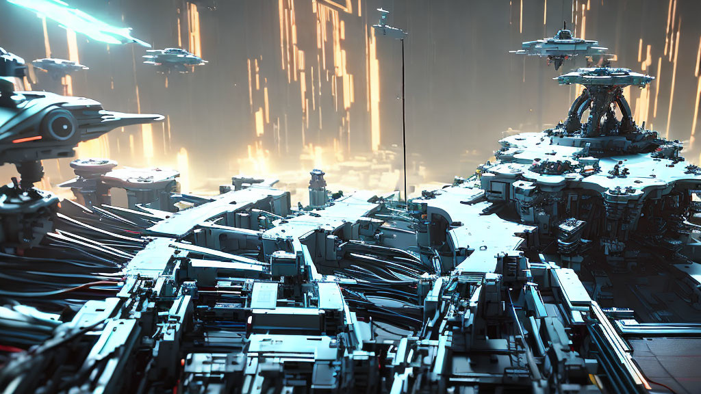 Futuristic cityscape with towering structures and flying ships